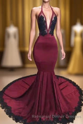 Burgundy Halter Deep V Neck Mermaid Semi Formal Prom Dress with Lace, Long Evening Gown